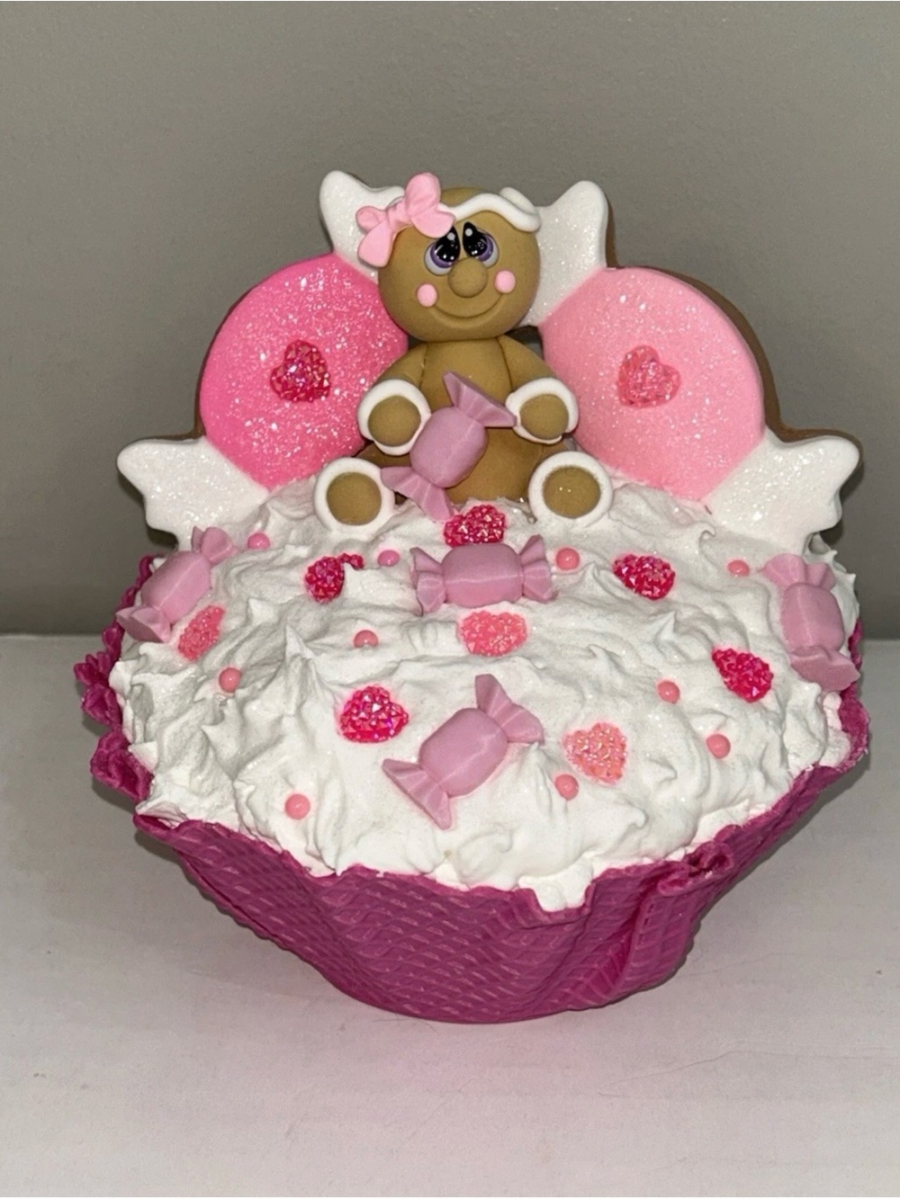 Pink Fake Gingerbread Ice Cream Waffle Bowl Candy Display Handmade